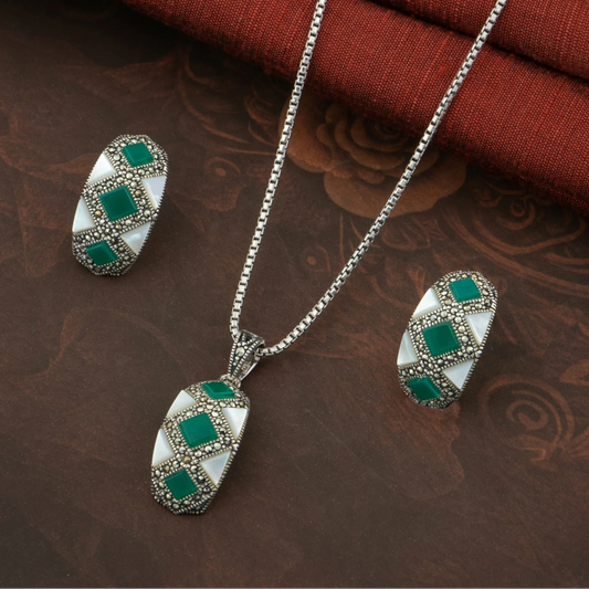 P925 Silver Marcasite Emerald Grid Set Without Chain