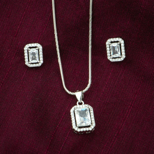P925 Silver Crystal Edge Rectangle Pendant Set Without Chain