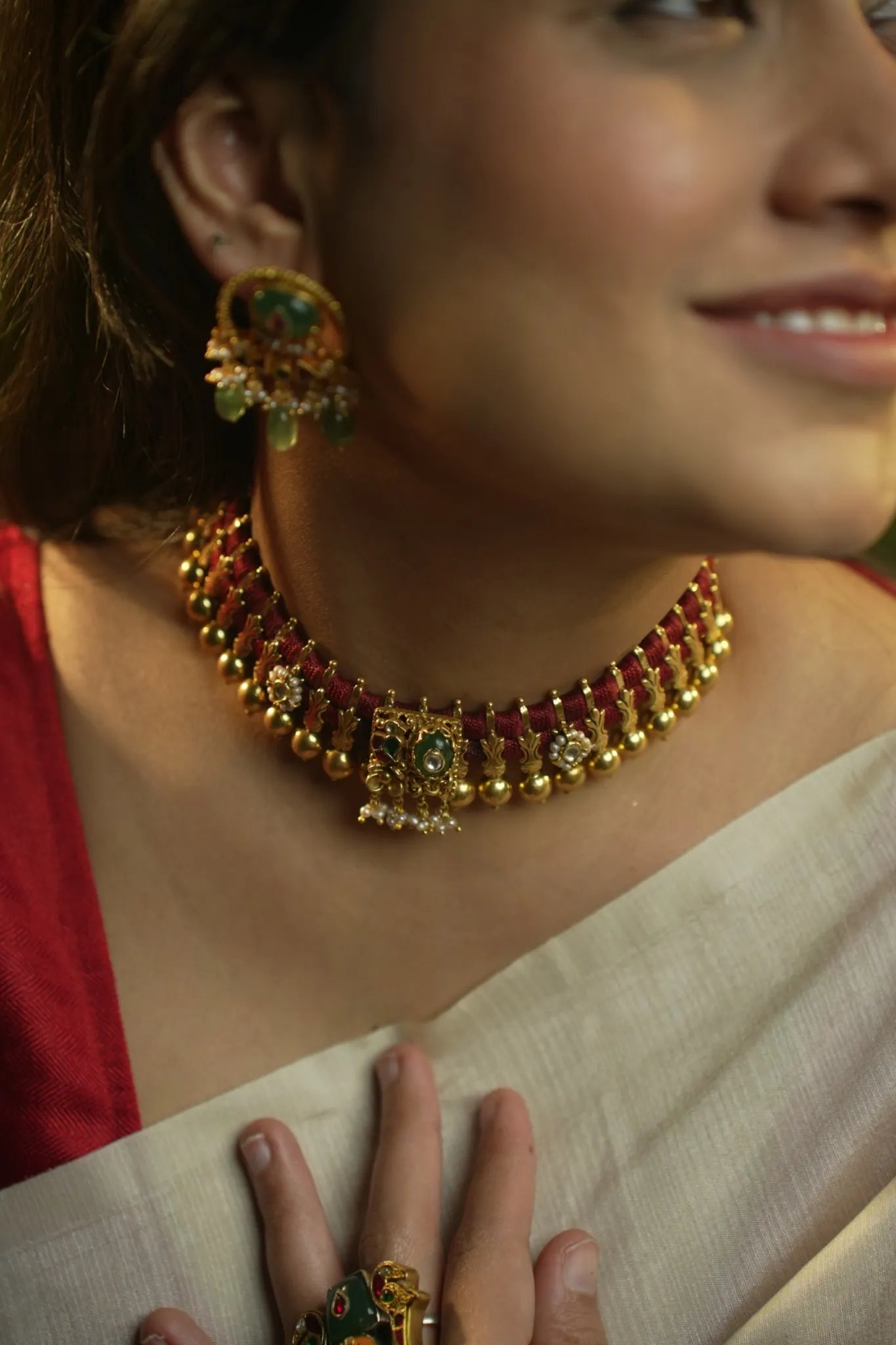 P925 Silver Rajaveni Red Thread Kundan Choker
