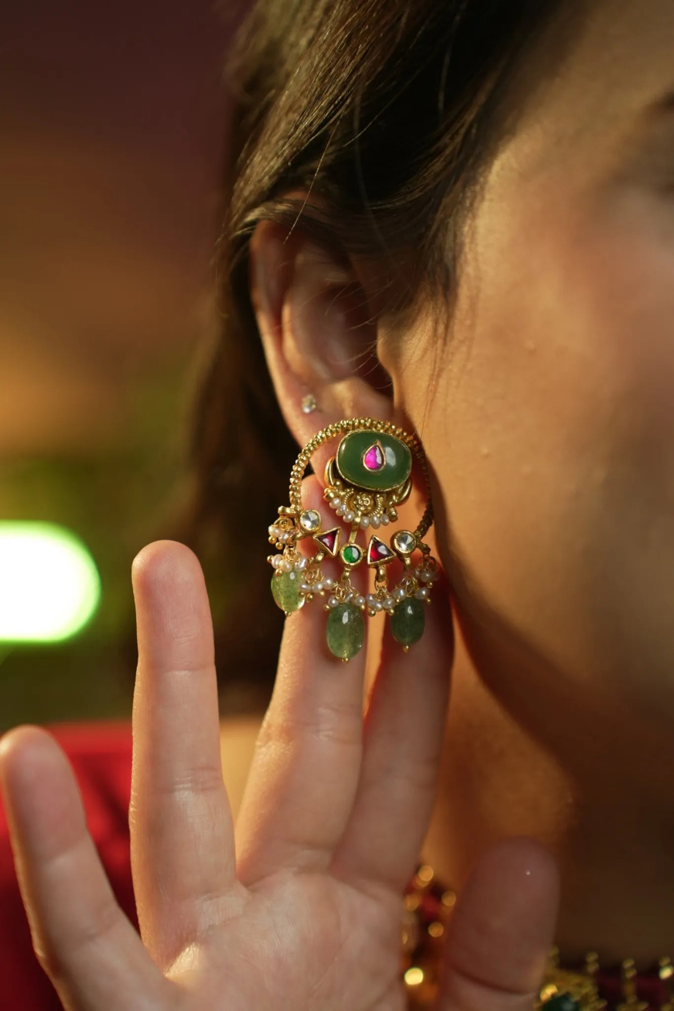 P925 Silver Aaral Emerald Drop Chandbalis