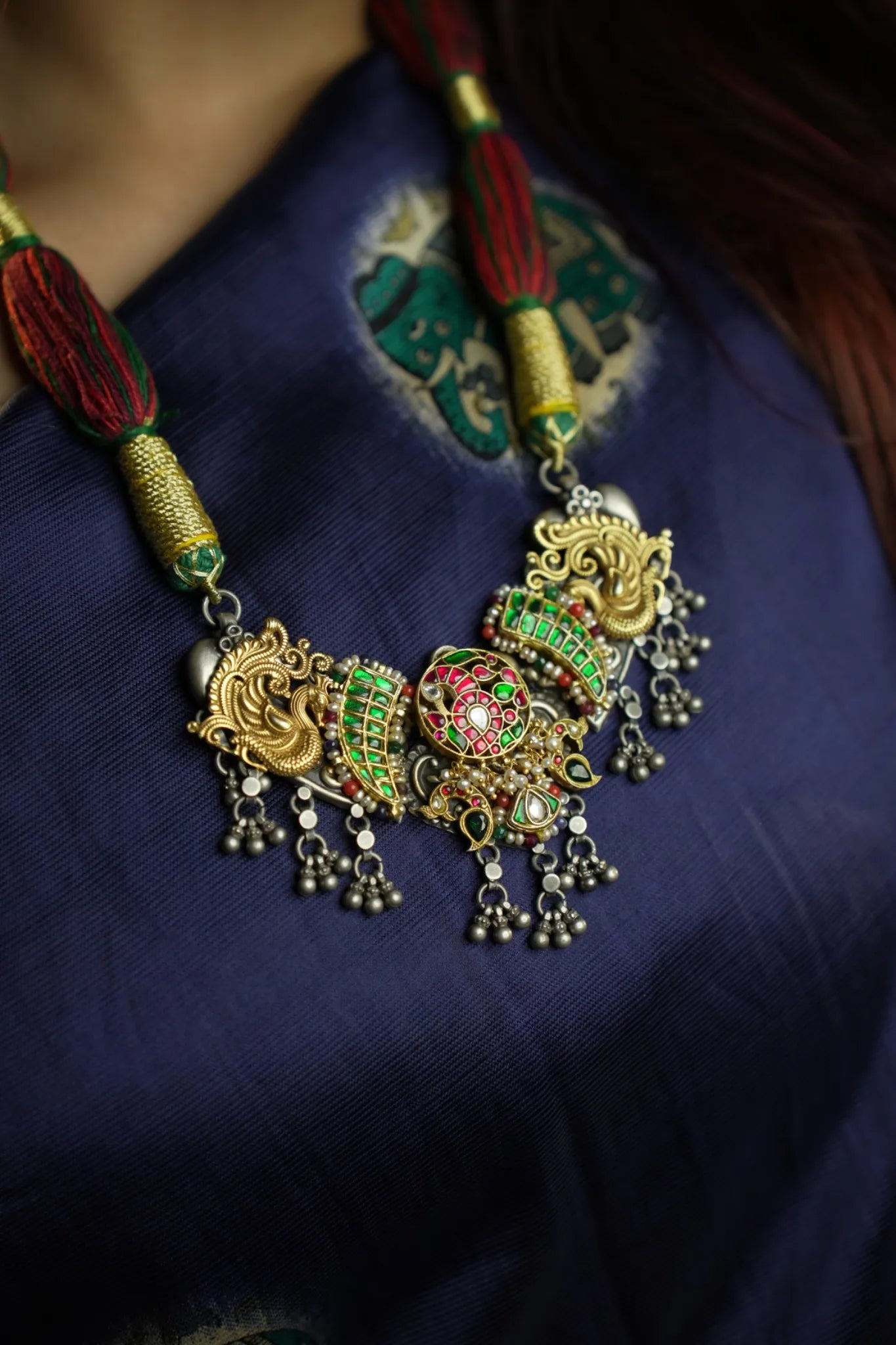 P925 Silver Peacock Glory Antique Thread Necklace