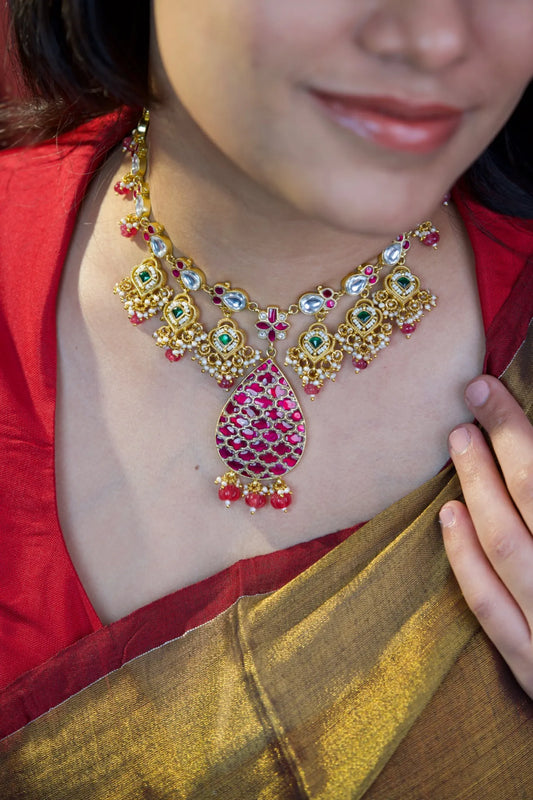 P925 Silver Royal Ruby & Polki Necklace