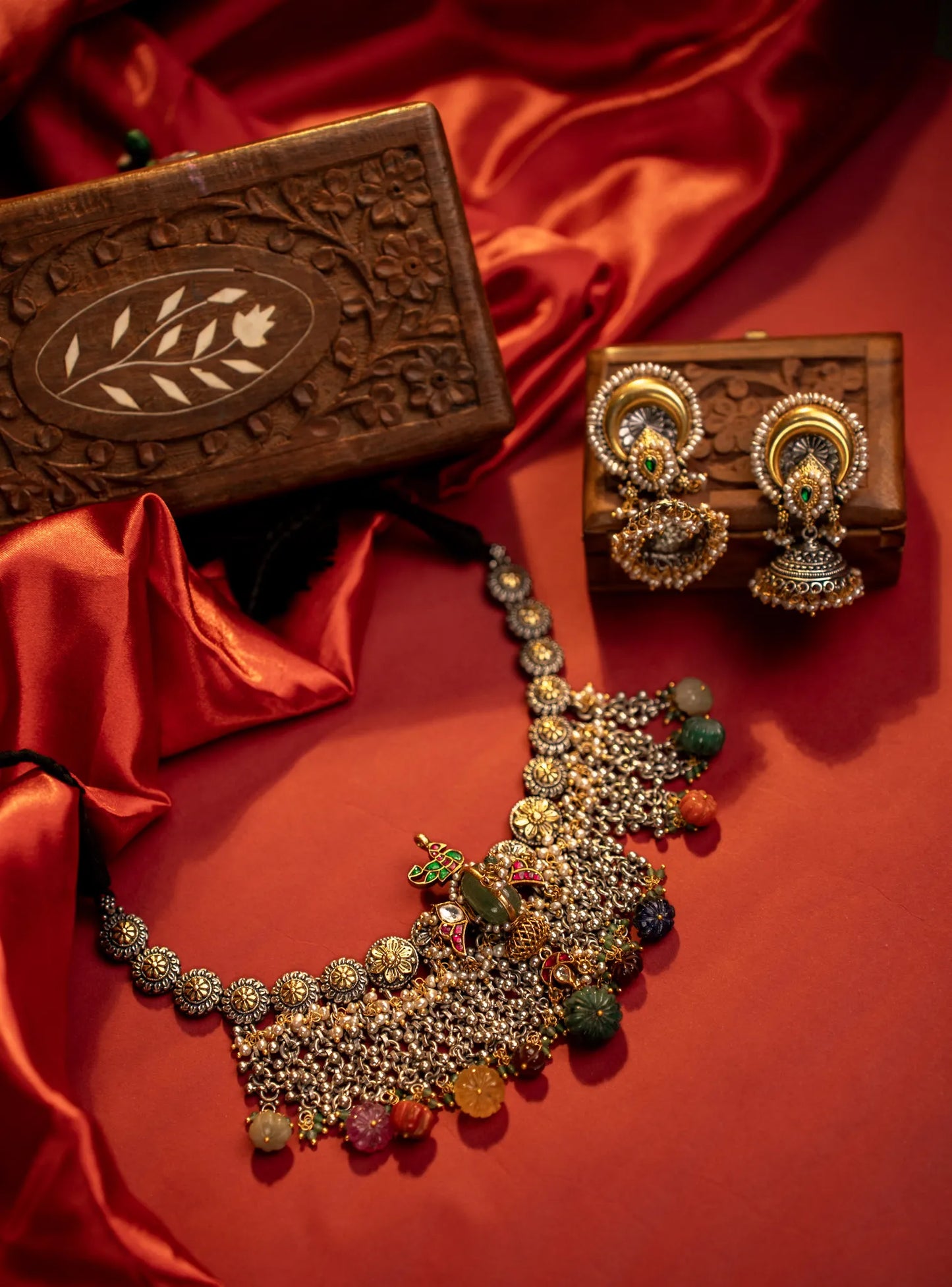 P925 Silver Royal Peacock Gem drop Temple Necklace