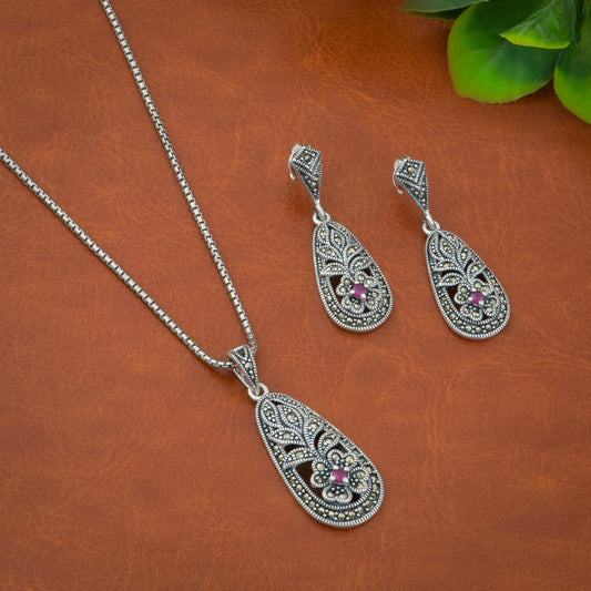 P925 Silver Marcasite Floral Filigree Drop Pendant Set