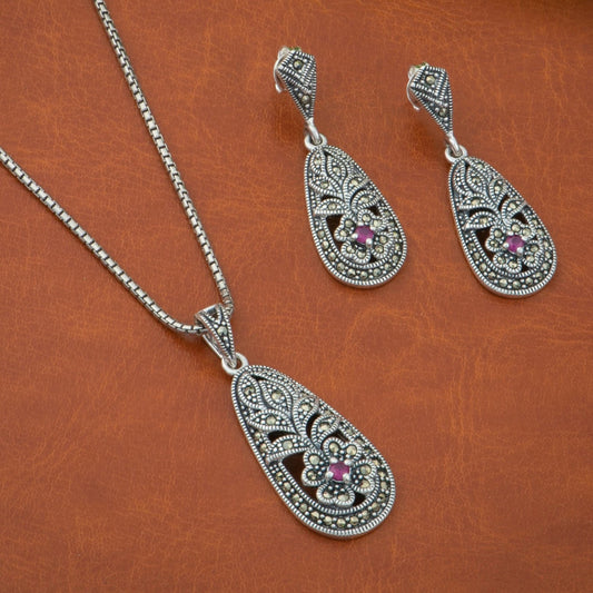 P925 Silver Marcasite Floral Filigree Drop Pendant Set