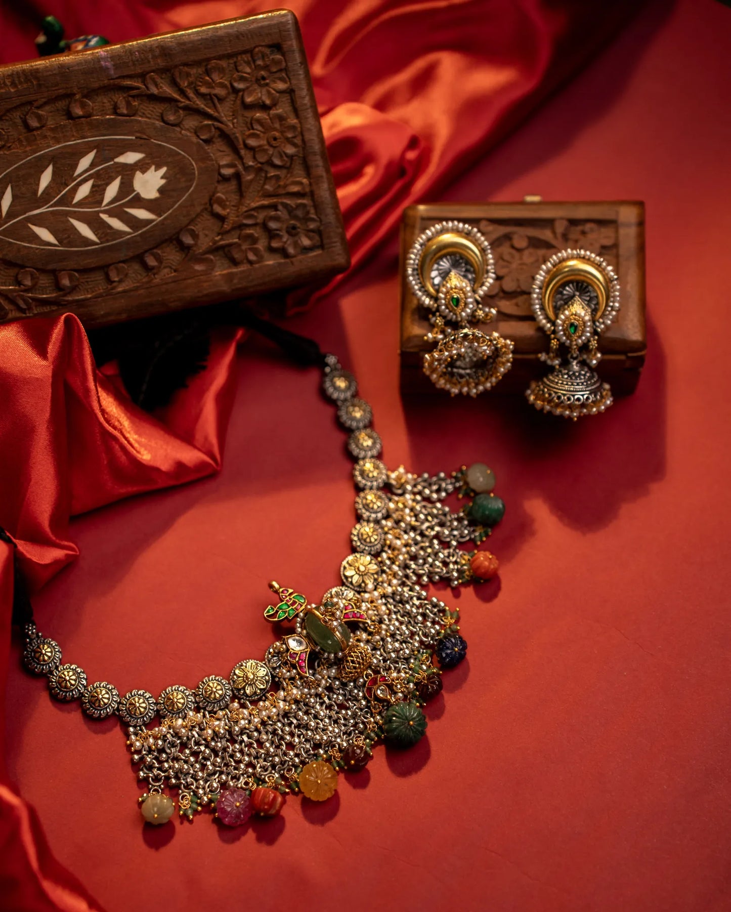 P925 Silver Royal Peacock Gem drop Temple Necklace