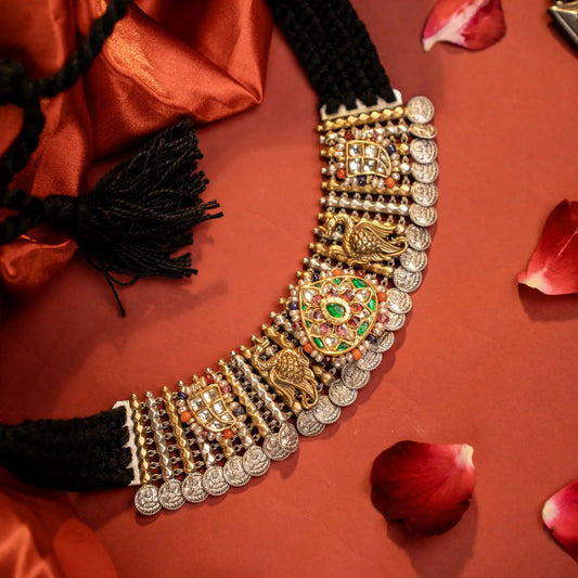 P925 Silver Panchratna Peacock Necklace