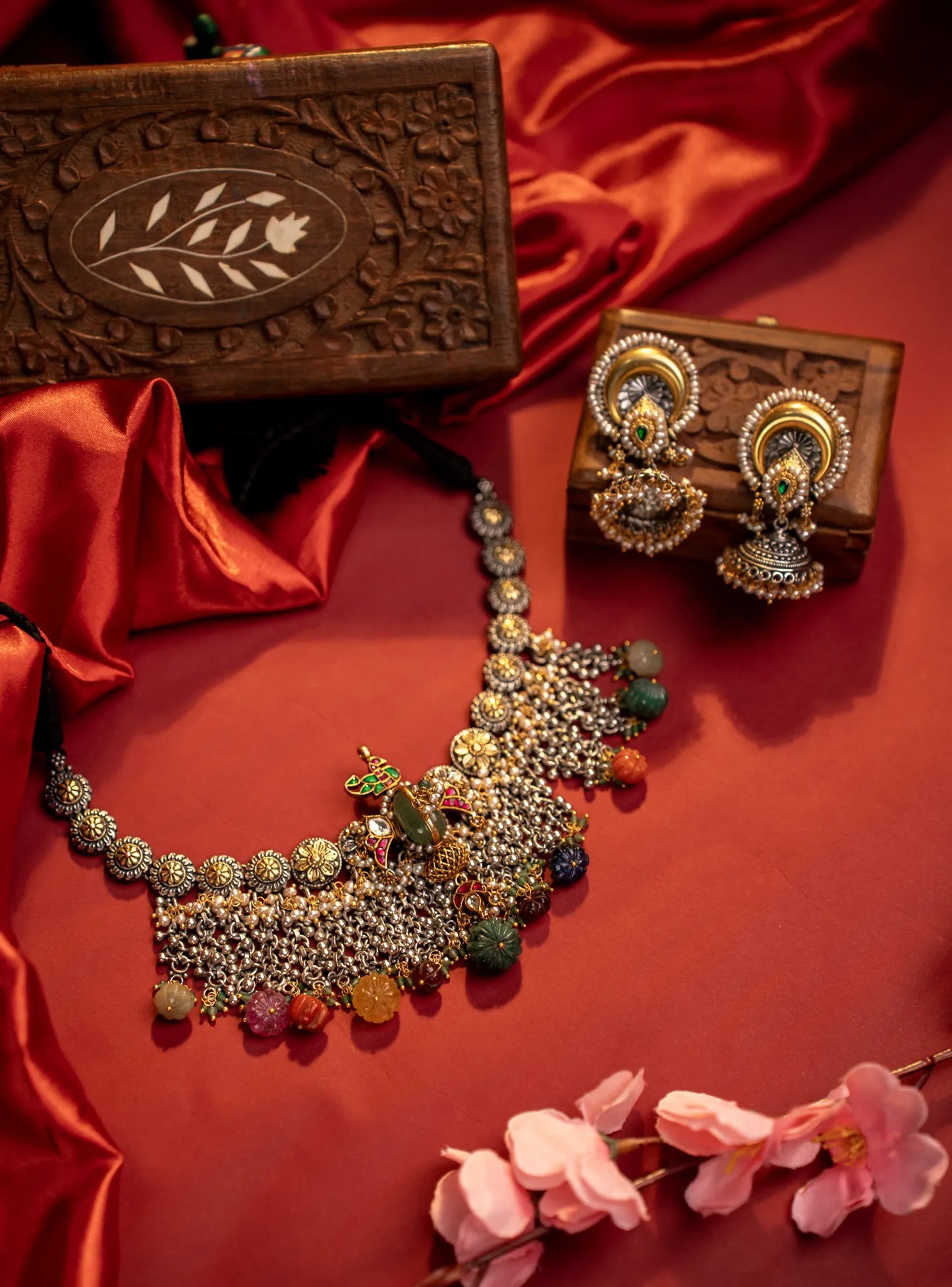P925 Silver Royal Peacock Gem drop Temple Necklace