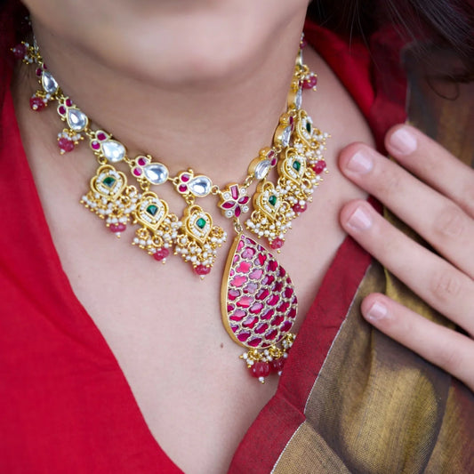 P925 Silver Royal Ruby & Polki  Necklace