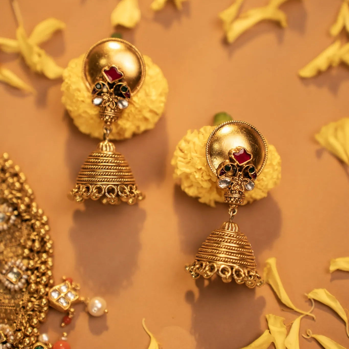 P925 Kundan & Silver Temple Jhumkas