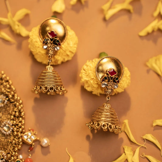 P925 Kundan & Silver Temple Jhumkas