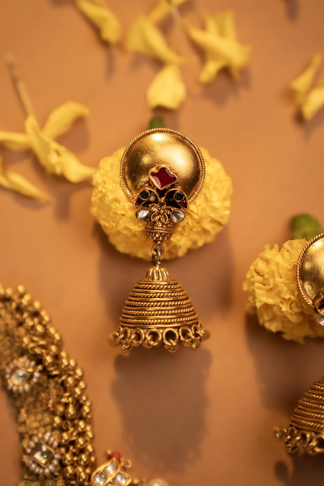 P925 Kundan & Silver Temple Jhumkas