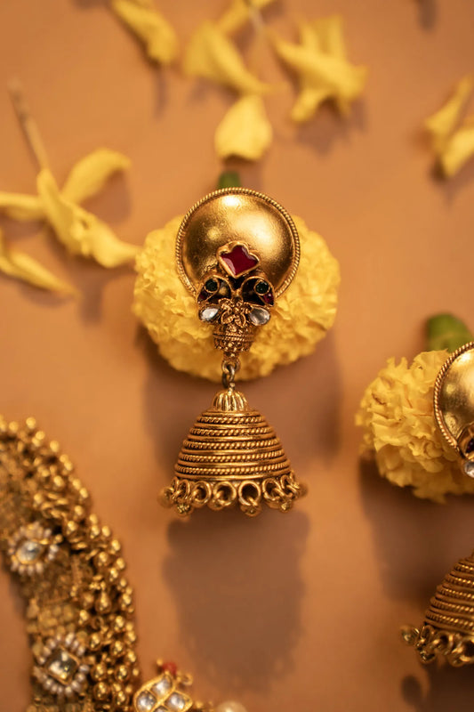 P925 Kundan & Silver Temple Jhumkas