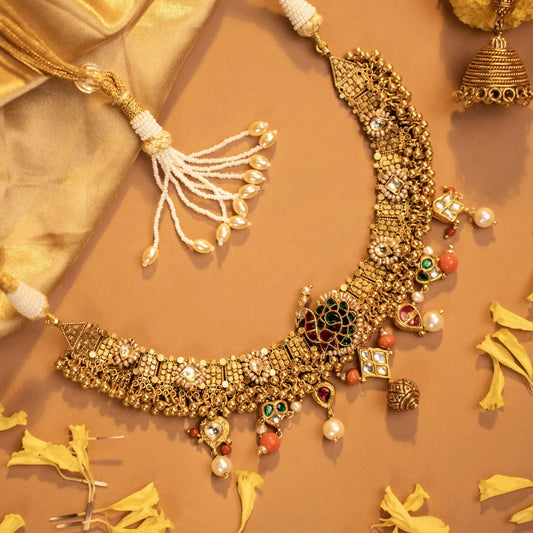 P925 Silver Vintage Coral & Pearl Temple Necklace