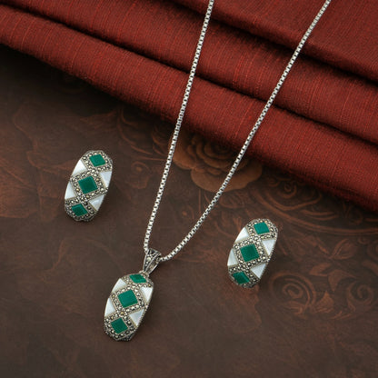 P925 Silver Marcasite Emerald Grid Set Without Chain