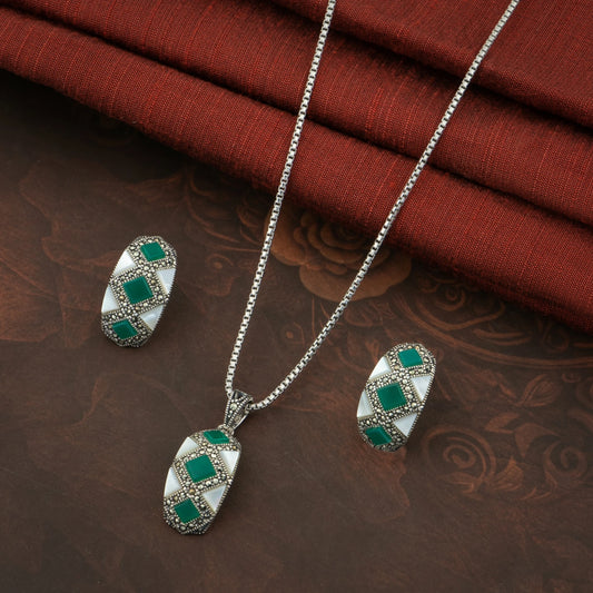 P925 Silver Marcasite Emerald Grid Set Without Chain
