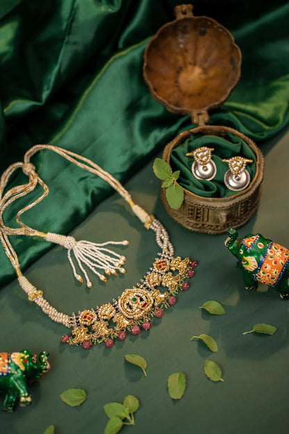 P925 Silver Vintage Nakshi Pearl Temple Necklace