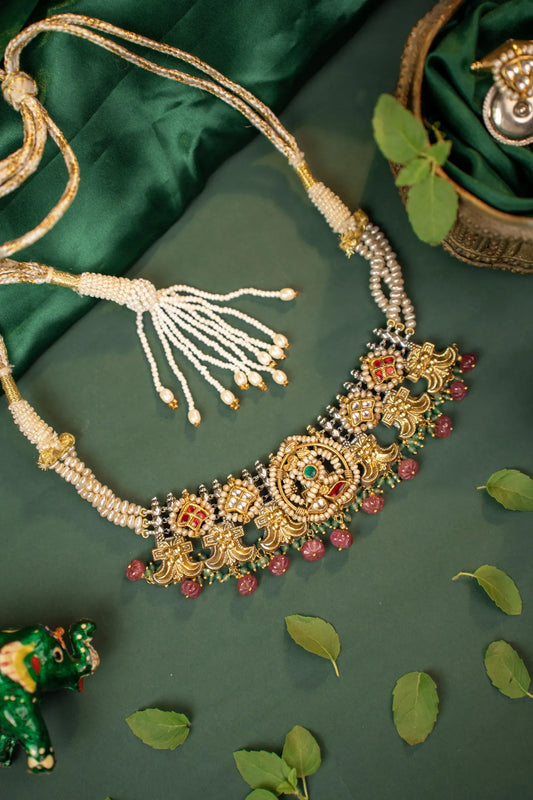 P925 Silver Vintage Nakshi Pearl Temple Necklace