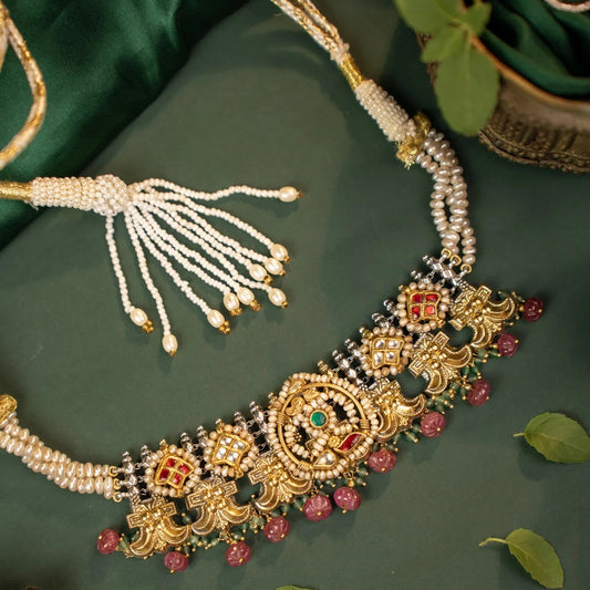 P925 Silver Vintage Nakshi Pearl Temple Necklace