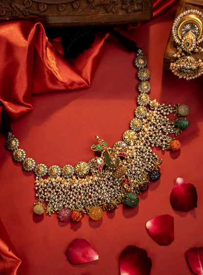 P925 Silver Royal Peacock Gem drop Temple Necklace