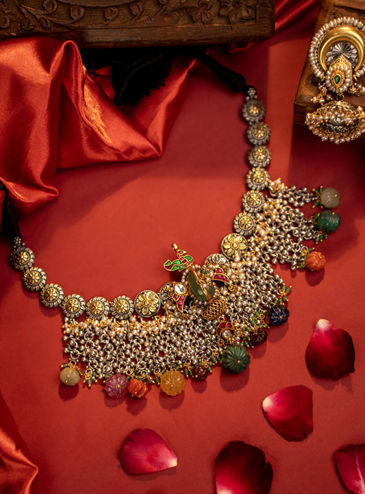 P925 Silver Royal Peacock Gem drop Temple Necklace