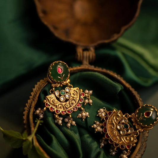 P925 Silver Noor-E-Panna Kundan Chandbali