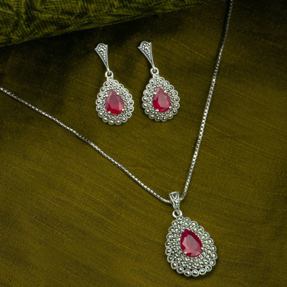 P925 Silver Marcasite Ruby Drop Halo Pendant Set
