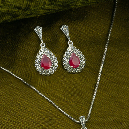 P925 Silver Marcasite Ruby Drop Halo Pendant Set