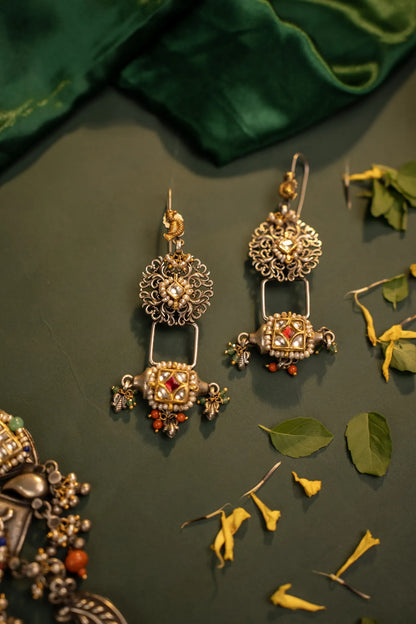 P925 Silver Aarika Kundan Tribal Dangle Earrings
