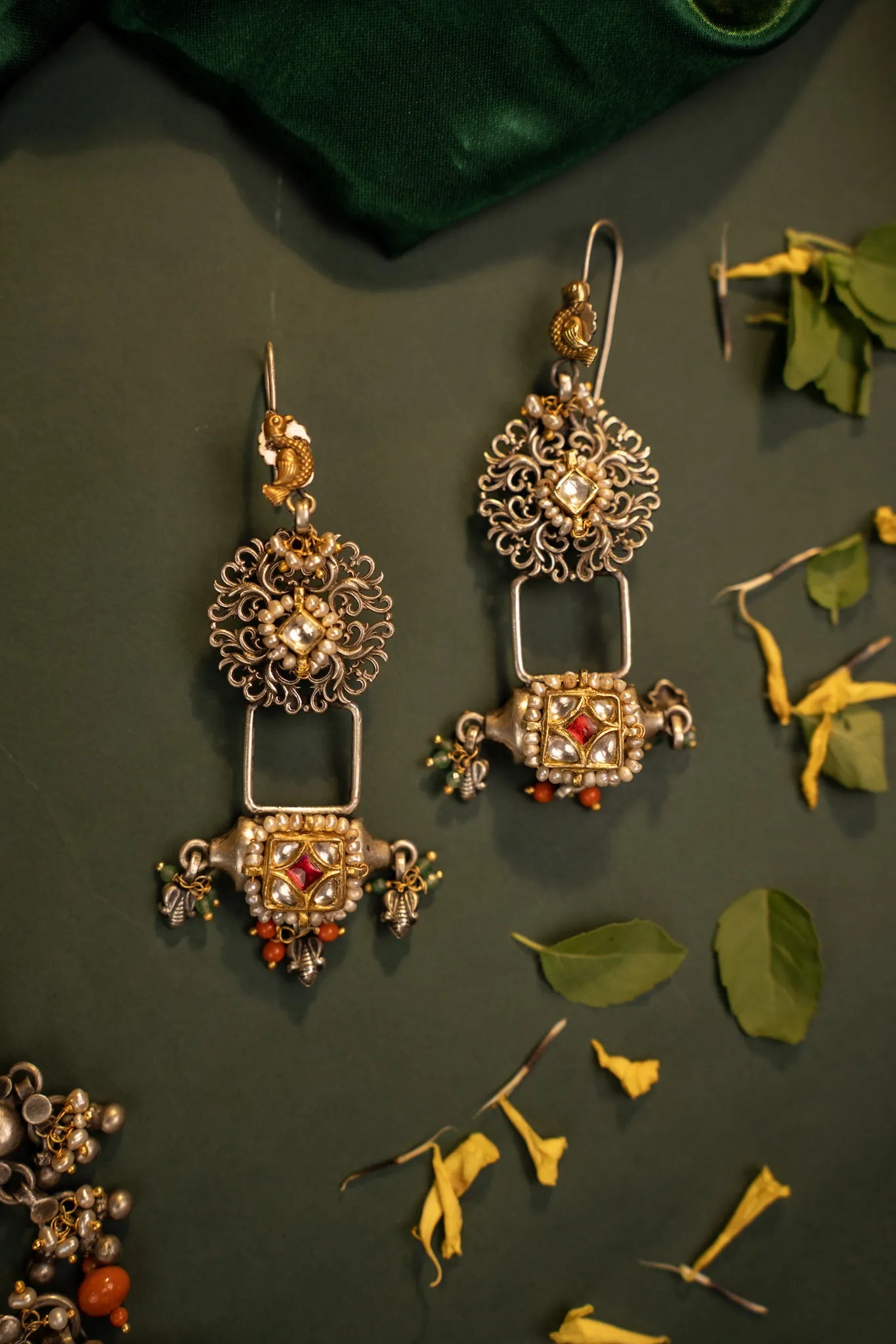 P925 Silver Aarika Kundan Tribal Dangle Earrings