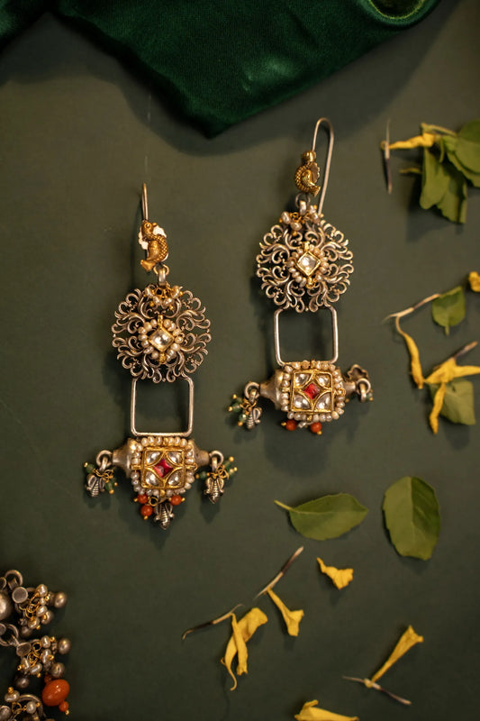 P925 Silver Aarika Kundan Tribal Dangle Earrings