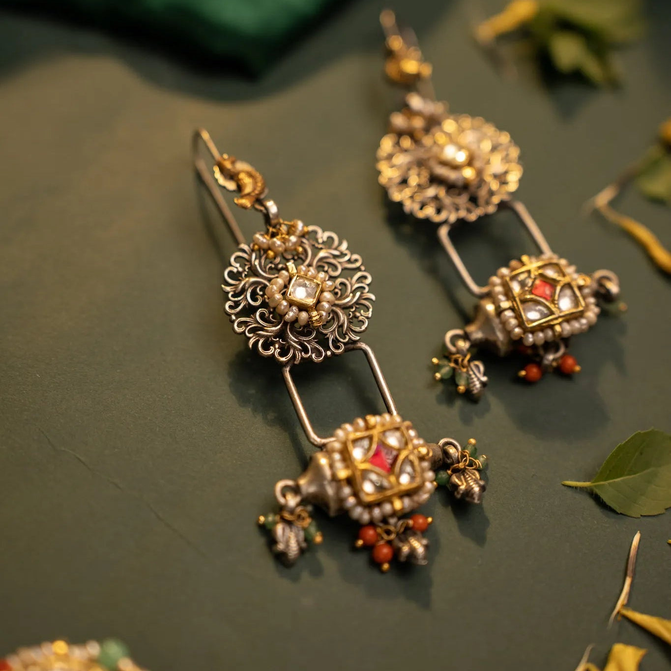 P925 Silver Aarika Kundan Tribal Dangle Earrings