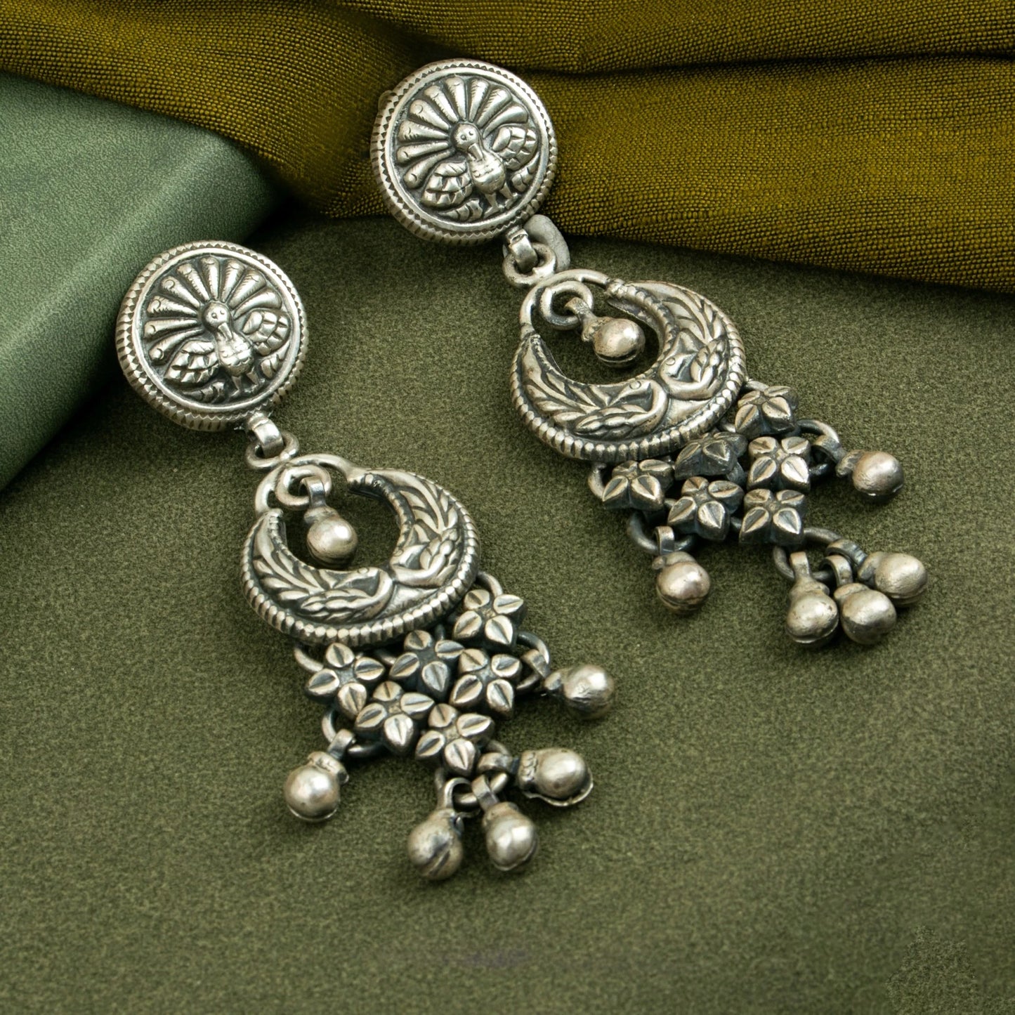 P925 Silver Mayur Chand Floral Drop Earrings