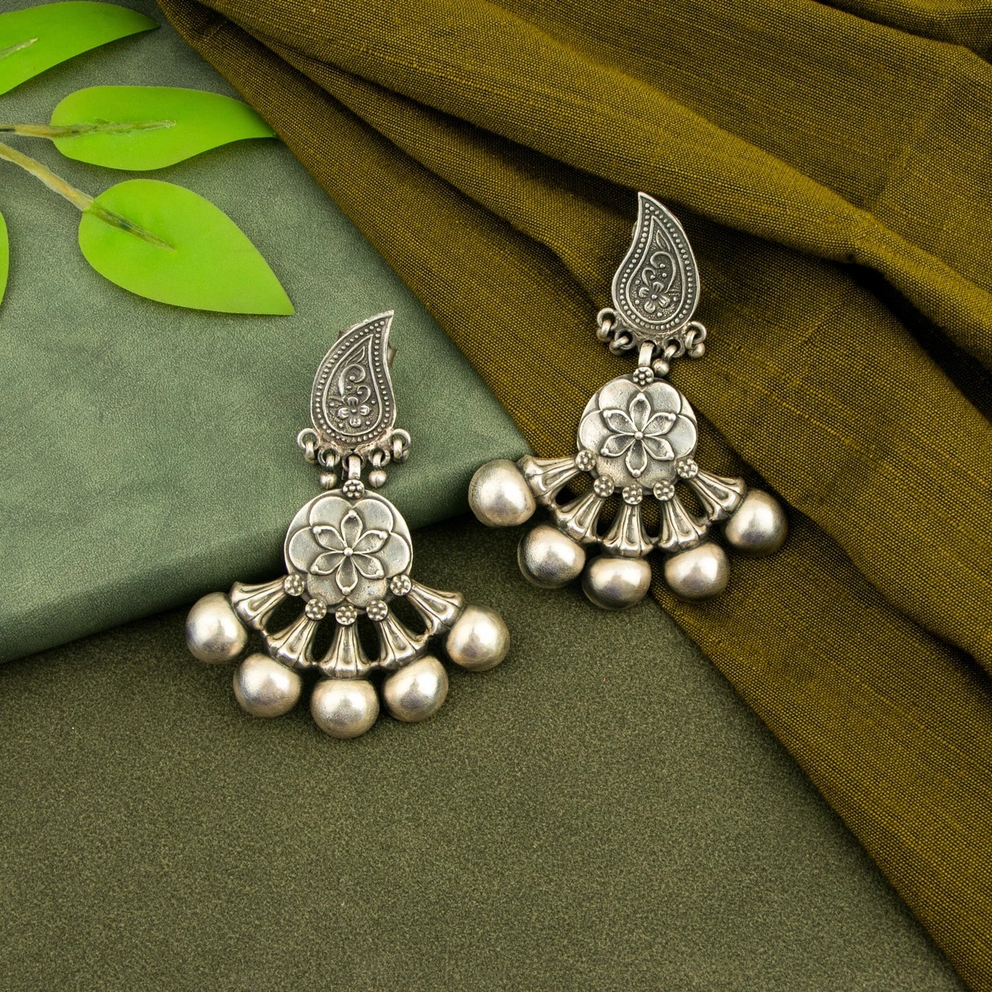 P925 Silver Pushpa Jhum Drop Earrings