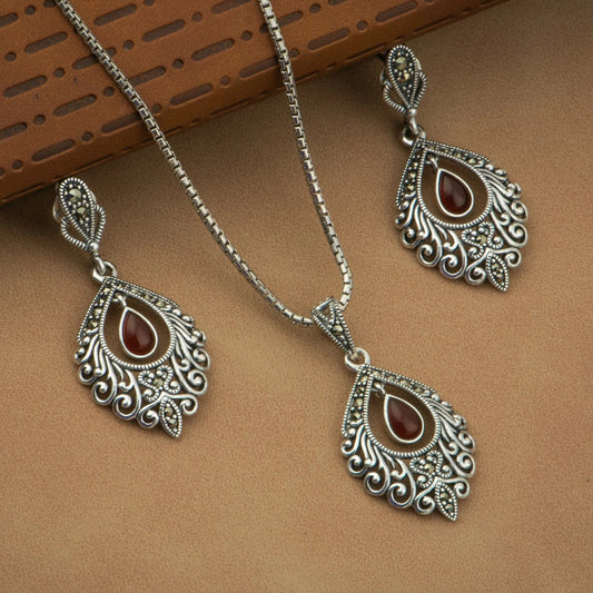 P925 Silver Marcasite Amber Drop Antique Pendant Set Without Chain