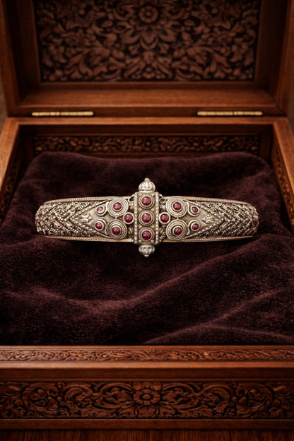 P925 Silver Royal Filigree Ruby Heritage Single Kada