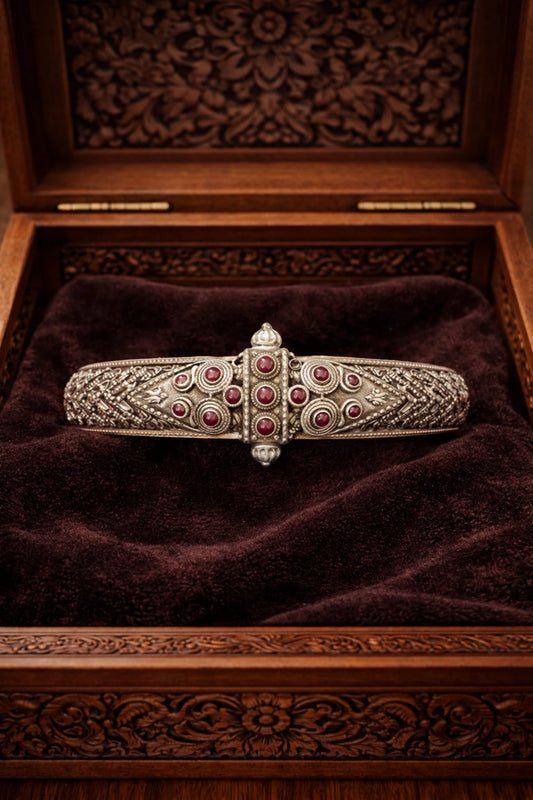 P925 Silver Royal Filigree Ruby Heritage Single Kada