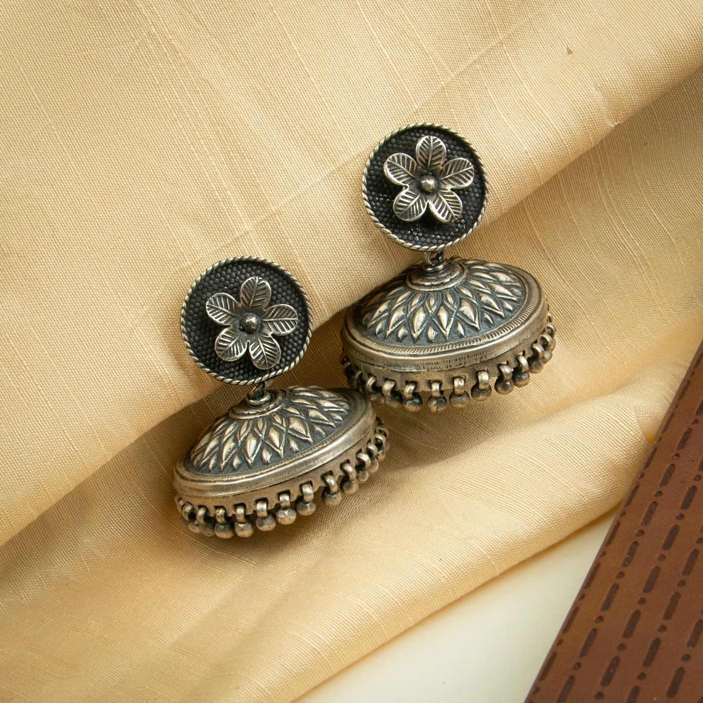 P925 Silver Pushpa Dome Jhumka Earrings