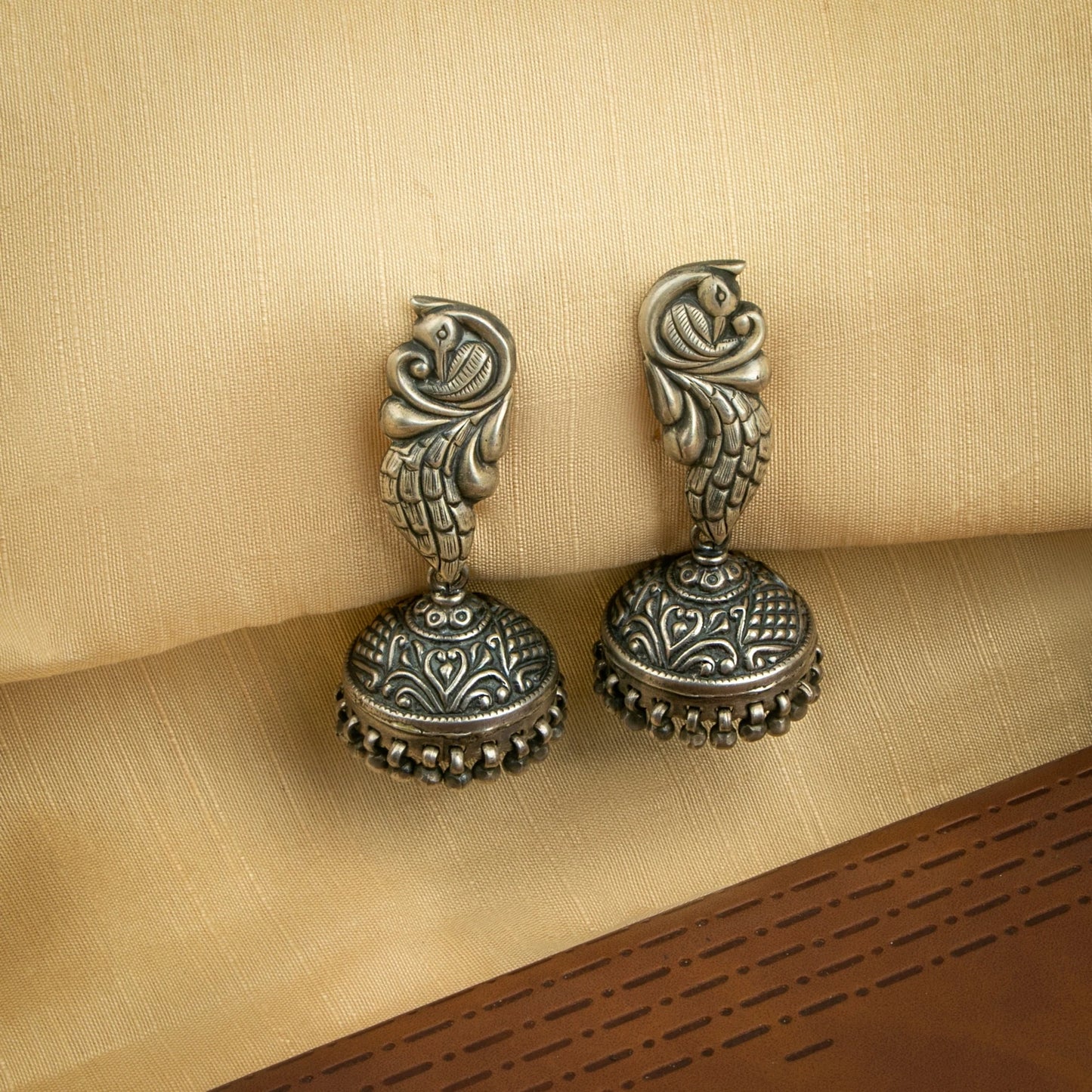 P925 Silver Mayur Crest Jhumka Earrings