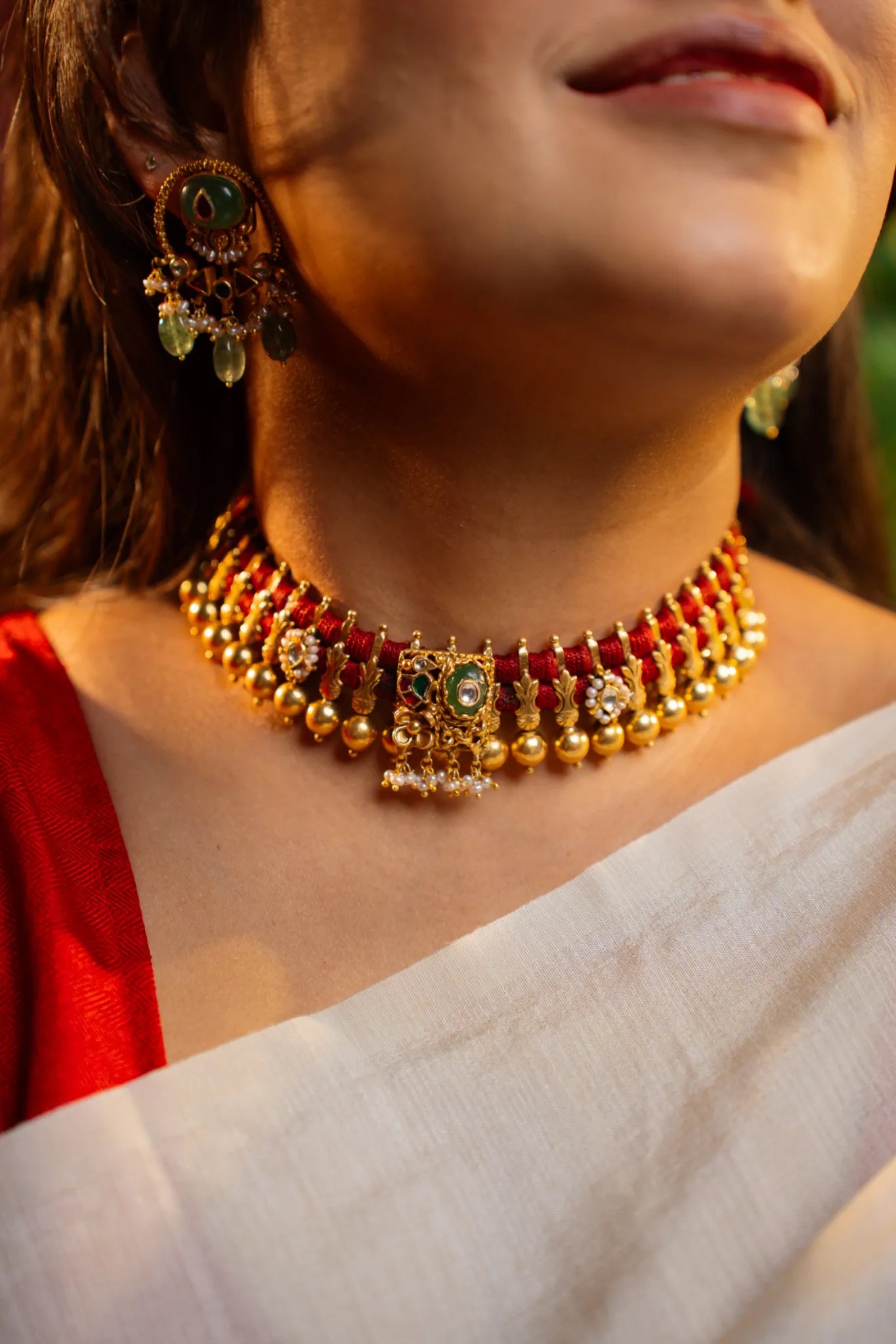 P925 Silver Rajaveni Red Thread Kundan Choker