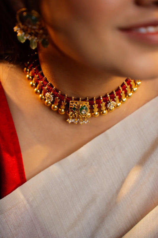 P925 Silver Rajaveni Red Thread Kundan Choker