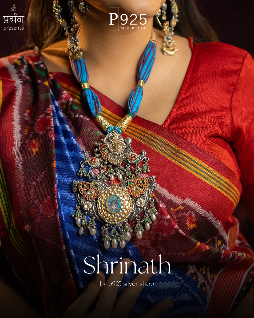 P925 Silver Pichwai Shrinathji Pendant Necklace