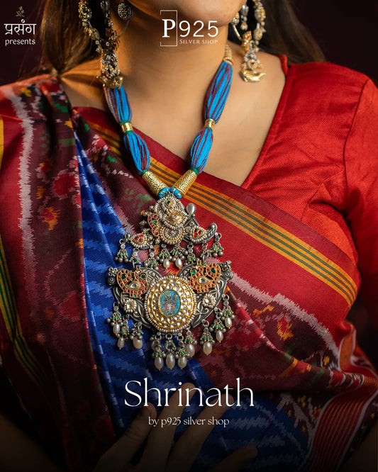 P925 Silver Pichwai Shrinathji Pendant Necklace