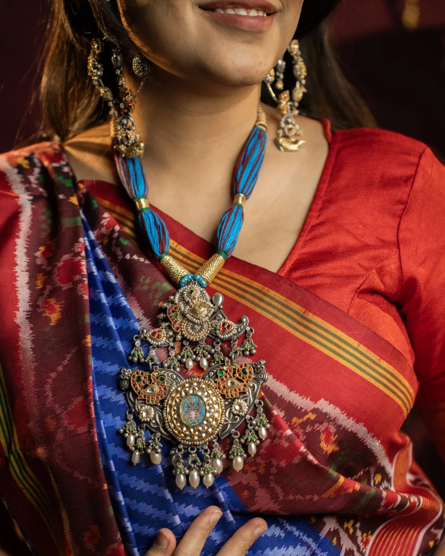 P925 Silver Pichwai Shrinathji Pendant Necklace