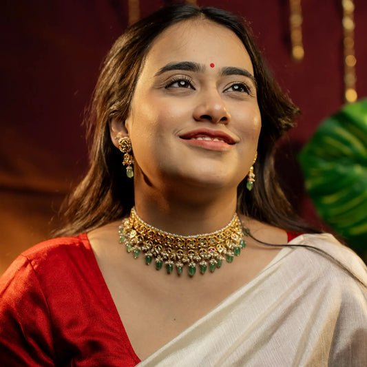 P925 Silver Ratnamala Emerald Choker Set with Earrings