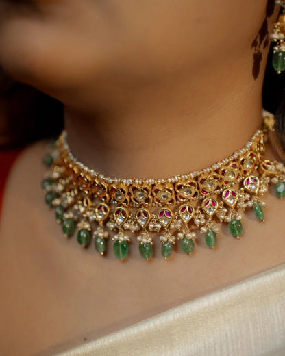 P925 Silver Ratnamala Emerald Choker Set with Earrings
