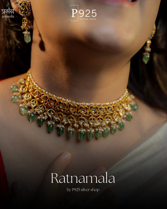 P925 Silver Ratnamala Emerald Choker Set with Earrings