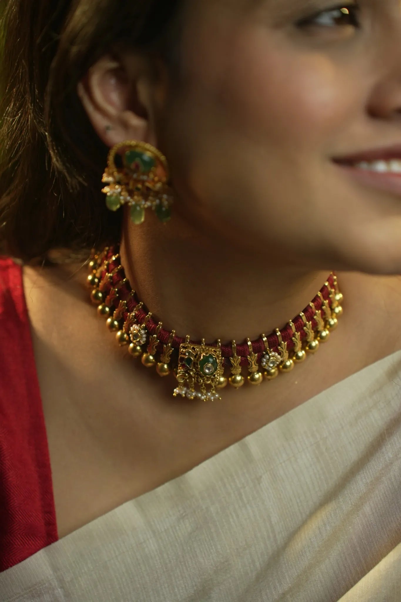 P925 Silver Rajaveni Red Thread Kundan Choker
