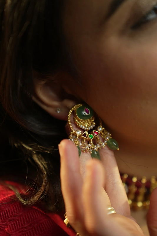 P925 Silver Aaral Emerald Drop Chandbalis