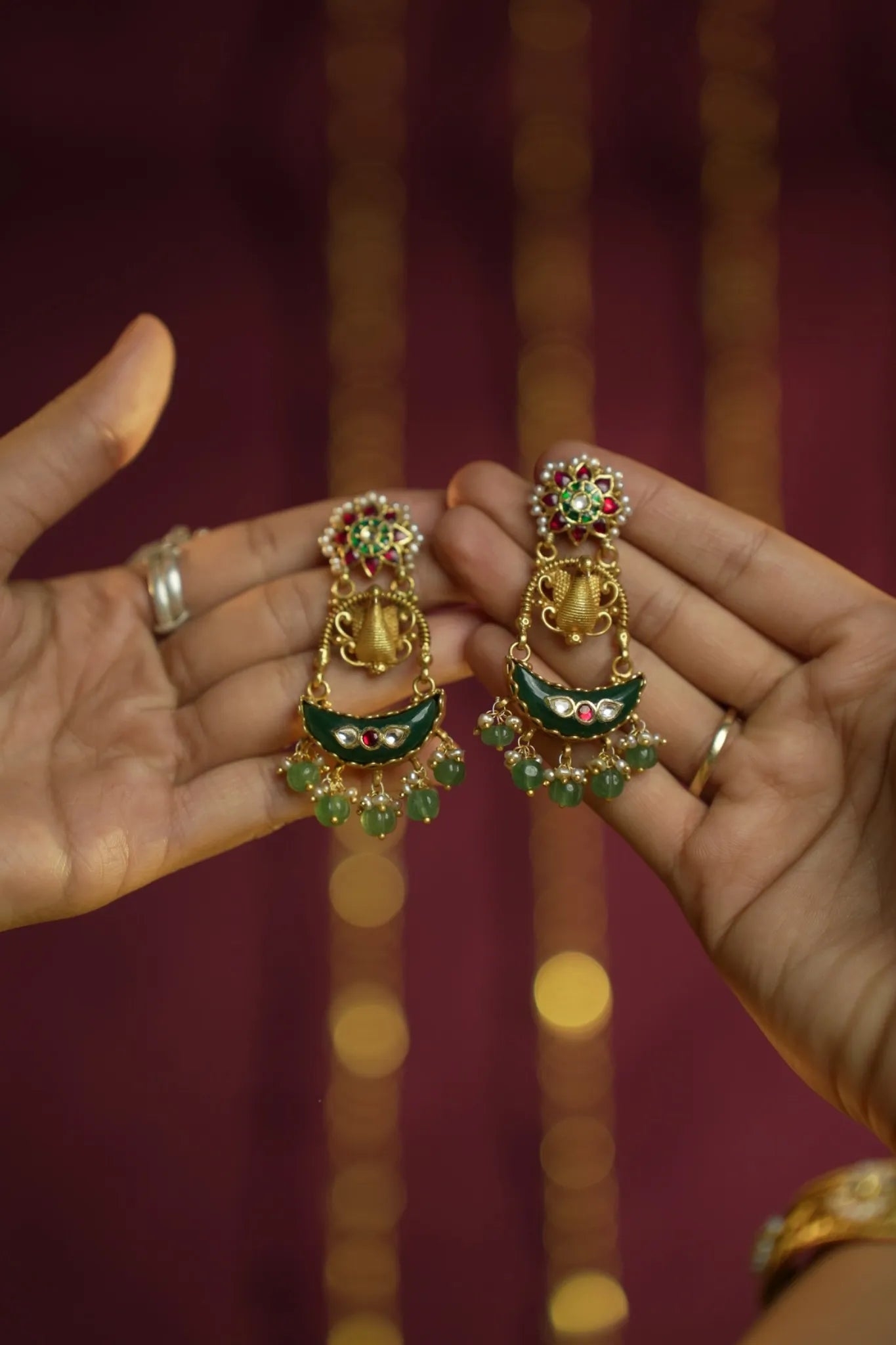 P925 Silver Green Moon Temple Danglers
